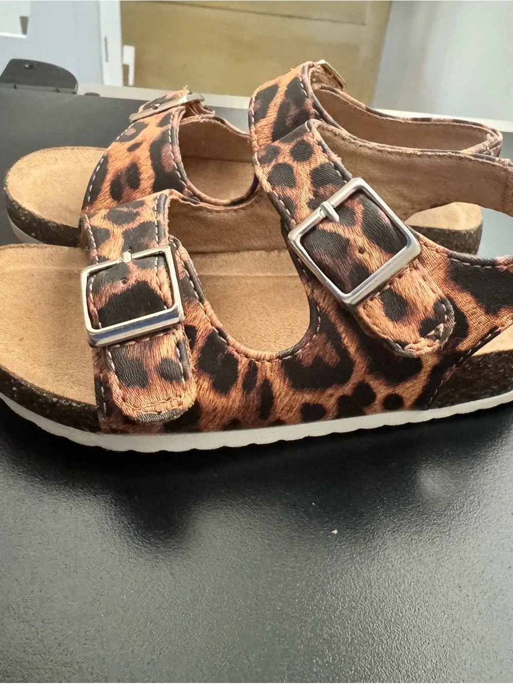 Cat & Jack Leopard Print Double-Buckle Sandals - Brown/Black size 7 toddler